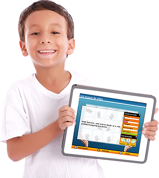 Ilustração garoto segurando tablet Implantação Supera para Escolas